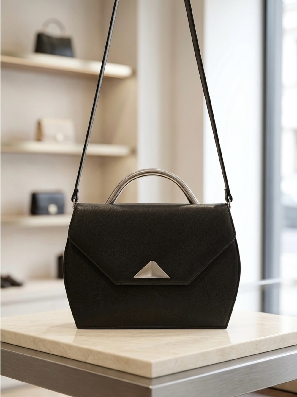 Black Structured Top-Handle Shoulder Bag